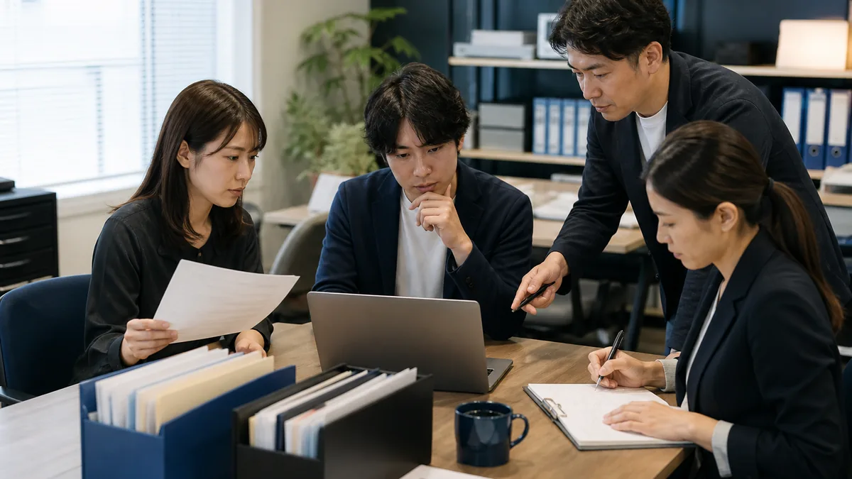 中小企業が生成AIを導入するときに先に決めることについて、機器や業務資料を確認する小規模事業者