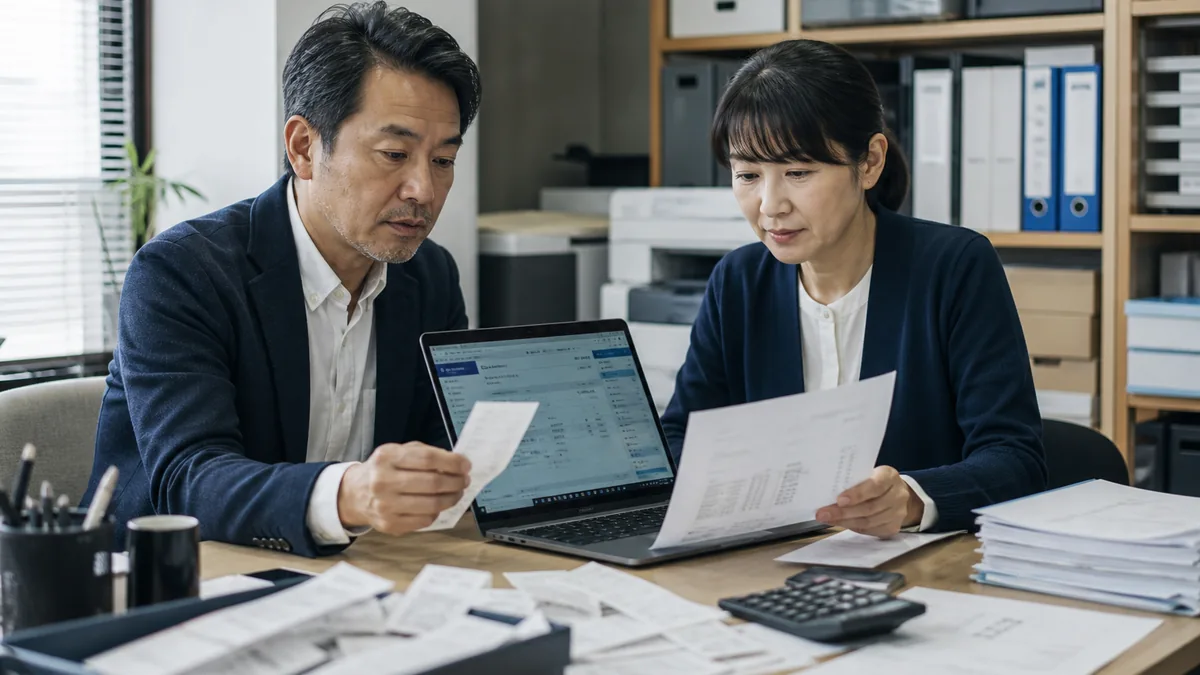 クラウド会計ソフトを選ぶときの判断基準について、機器や業務資料を確認する小規模事業者