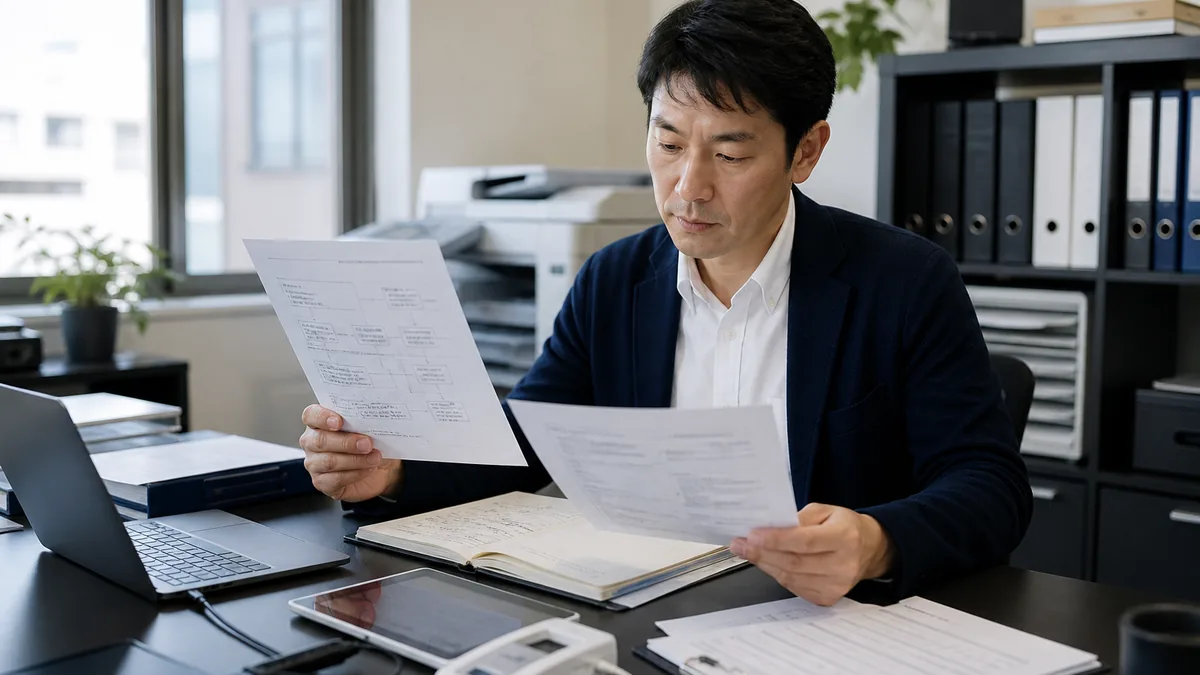 電子契約サービスを選ぶときに確認することについて、機器や業務資料を確認する小規模事業者