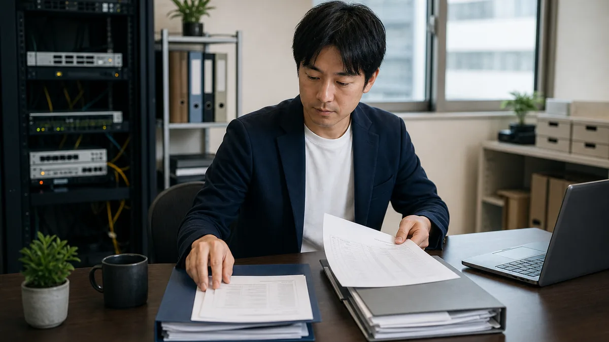 ドメインとサーバーの契約は分けるべきかについて、機器や業務資料を確認する小規模事業者