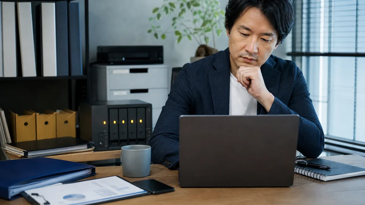 ひとり法人に本当に必要なITツールはどれかについて、機器や業務資料を確認する小規模事業者