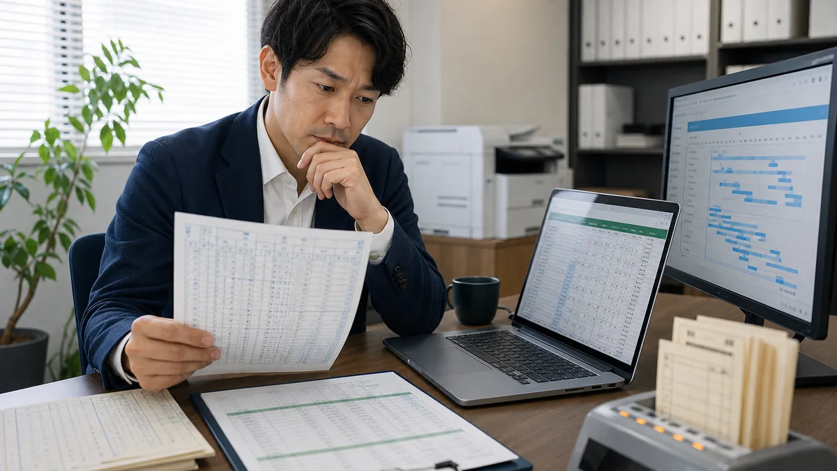 勤怠管理を紙やExcelから移行すべきタイミングについて、機器や業務資料を確認する小規模事業者