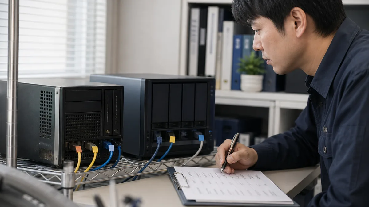 既存サーバーと移行先を並べて作業計画を確認する担当者
