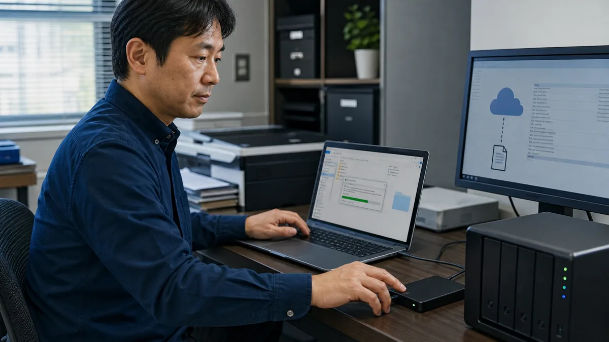 小規模企業に必要なバックアップはどこまでかについて、機器や業務資料を確認する小規模事業者