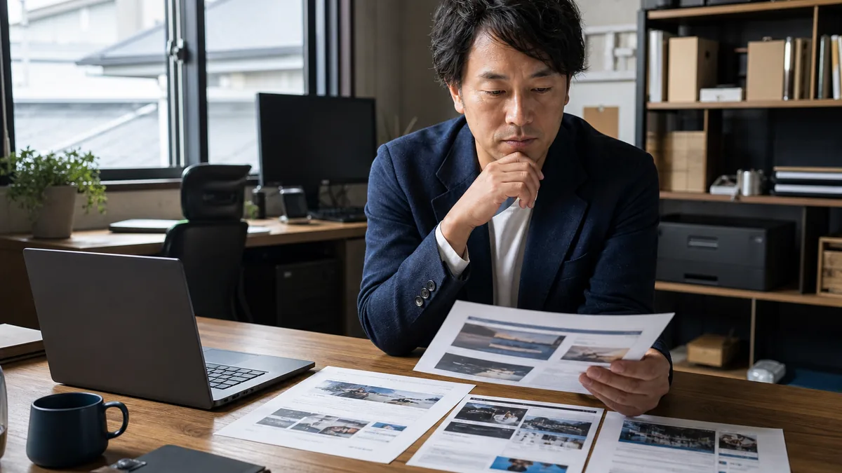 小さな会社のホームページは何で作るべきかについて、機器や業務資料を確認する小規模事業者
