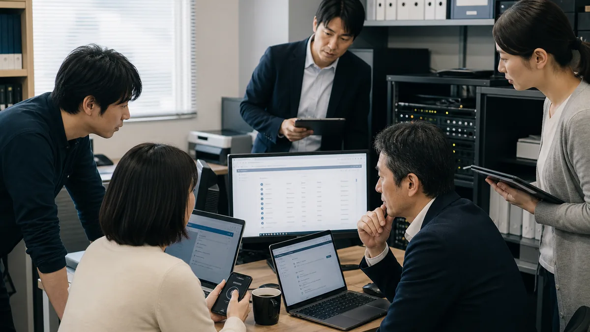 小さな会社の情報セキュリティはどこから手をつけるかについて、機器や業務資料を確認する小規模事業者