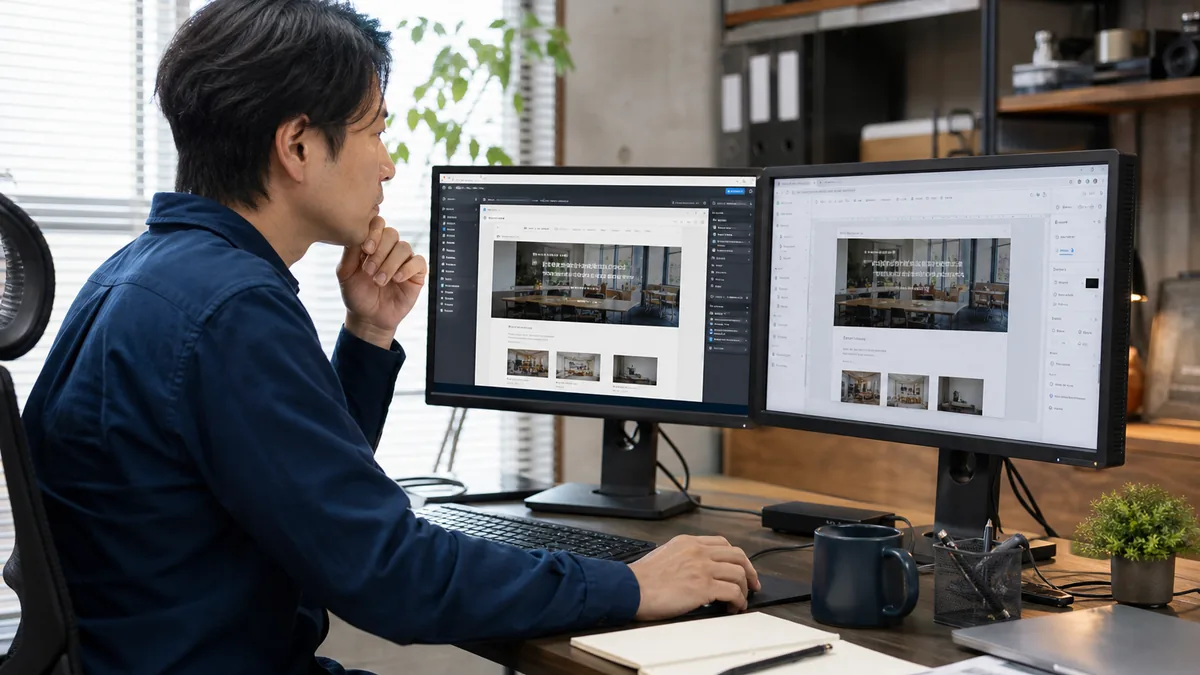 WordPressとノーコードツールの違いはどこに出るかについて、機器や業務資料を確認する小規模事業者
